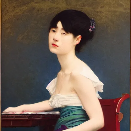 Image similar to painting by frederic edwin church, balaskas christoper, conrad roset, coby whitmore, and chie yoshii. of a beautiful japanese girl sitting on antique chair leaning against a desk, sideview, victorian room