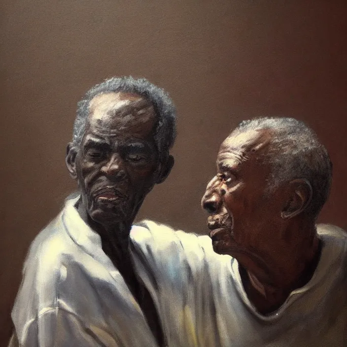 Prompt: a painting of a elder man by Lynette Yiadom-Boakye . dramatic angle, ethereal lights, details, smooth, sharp focus, illustration, realistic, cinematic, artstation, award winning, rgb , unreal engine, octane render, cinematic light, macro, depth of field, blur, red light and clouds from the back, highly detailed epic cinematic concept art CG render made in Maya, Blender and Photoshop, octane render, excellent composition, dynamic dramatic cinematic lighting, aesthetic, very inspirational, arthouse.