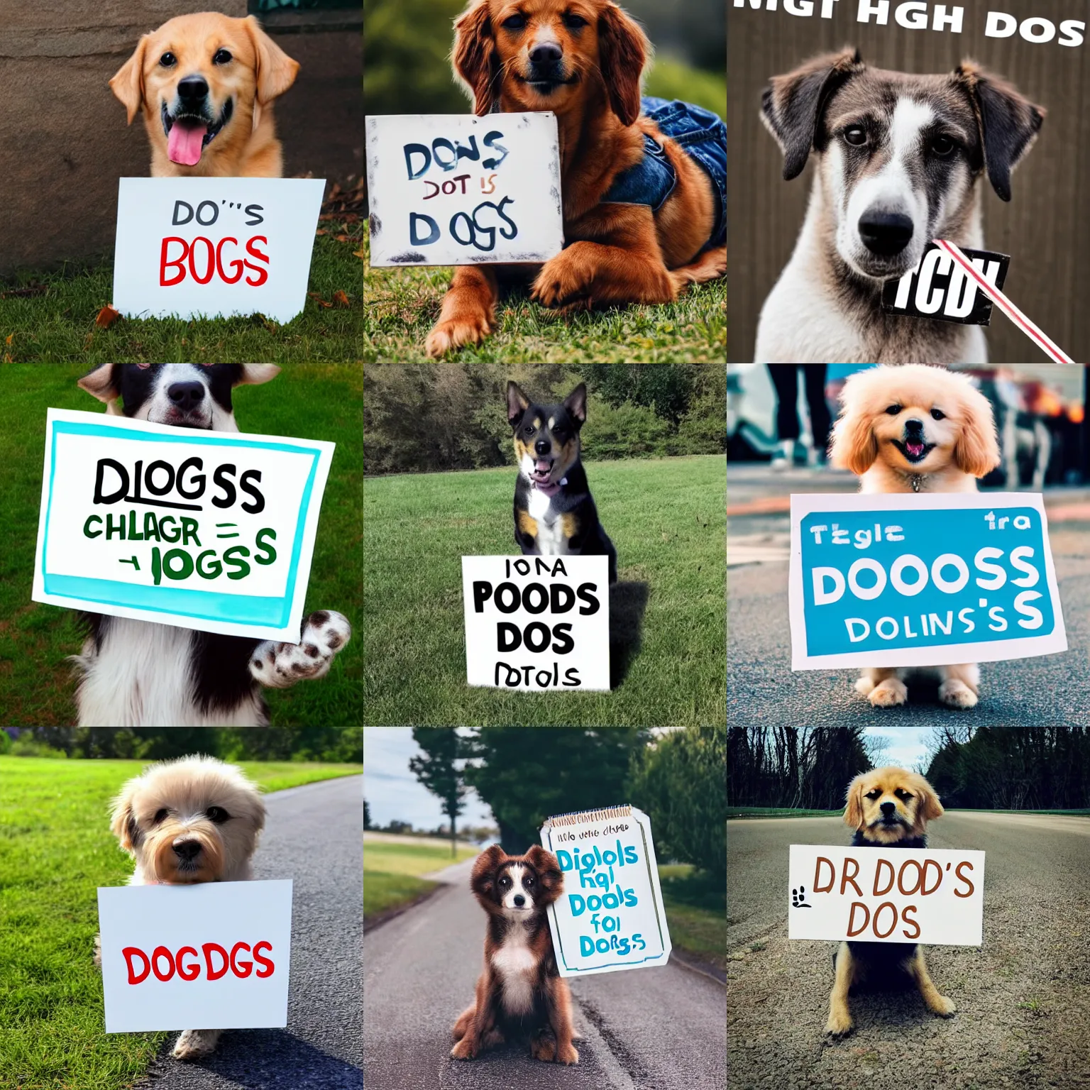 Image similar to realistic high quality photo of a cute dog holding a sign with text that reads : dogs