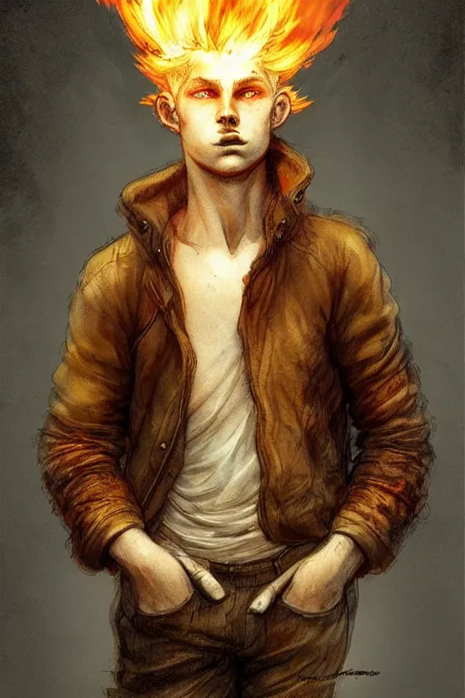 Image similar to character art by jean - baptiste monge, young man, blonde hair, on fire, fire powers