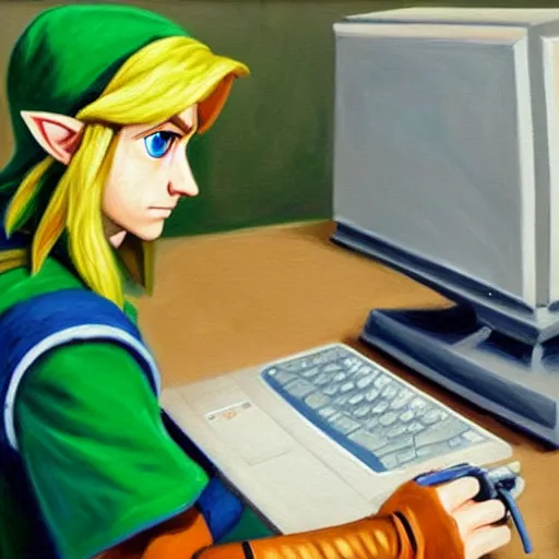 Image similar to link from zelda using computer, painting by by ralph grady james, jean christian biville