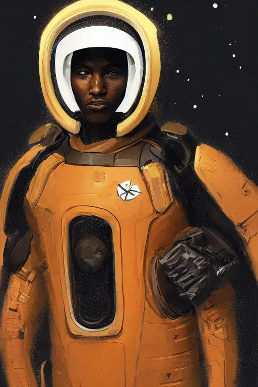 Image similar to upper body portrait of broad-shouldered black man wearing a scifi dune leather spacesuit, nebula in the background, illustration by normal rockwell and adebanji alade, details greg rutkowski, artstation character concept art