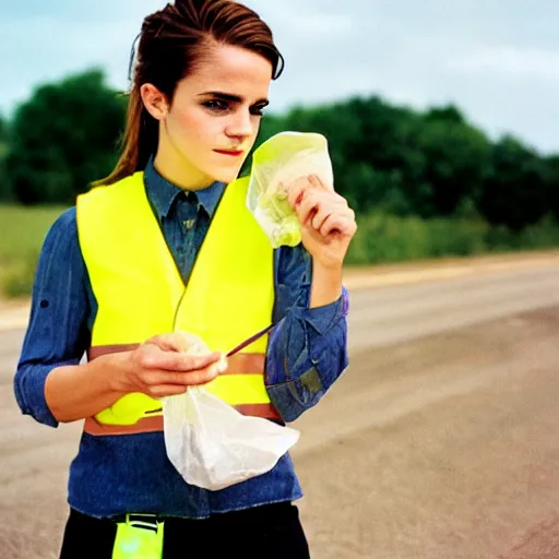 Image similar to photo, close up, emma watson in a hi vis vest picking up trash on the side of the interstate, portrait, kodak gold 2 0 0,