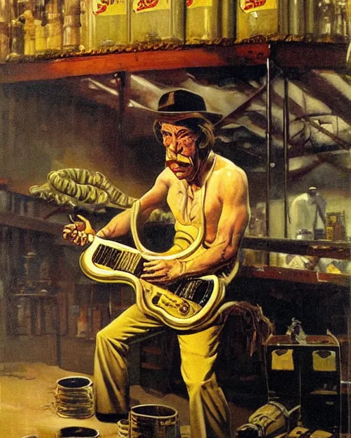 Image similar to Snake Oil salesman shredding on a Gibson Les Paul in a snake oil warehouse, snakes and oil everywhere, painting by Frank Frazetta