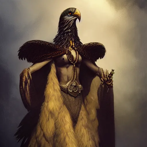 Image similar to quarter length vogue photo portrait of a male aarakocra anthropomorphic eagle, d & d, fantasy, greg rutkowski, frank frazetta, alexandre chaudret, boris vallejo, michael whelan, miro petrov, hr giger, magali villeneuve, donato giancola