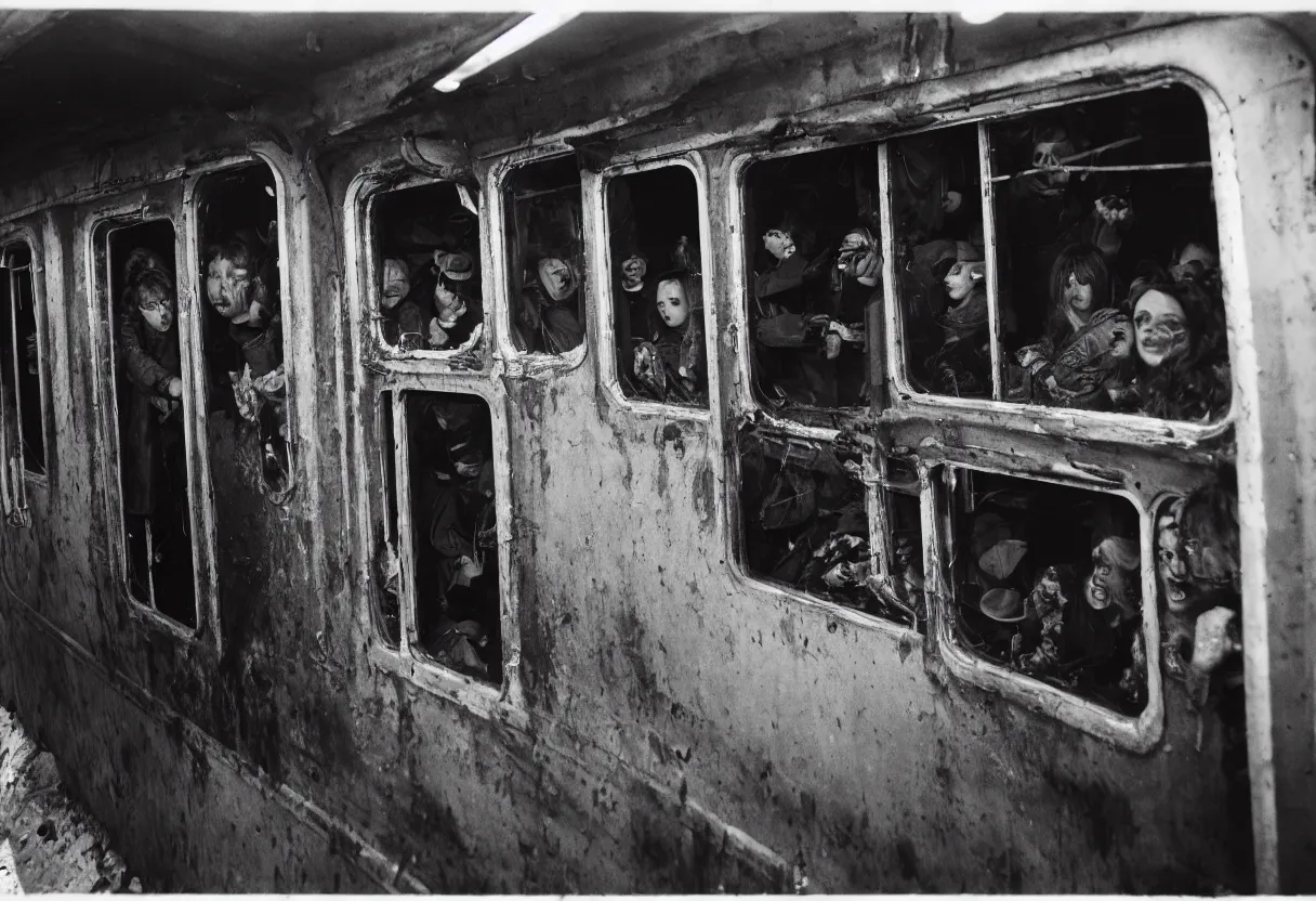Image similar to a photo of a busy subway wagon, there is a huge monster octopus on the interior, tentcles creeping in thrugh the windows and gaps, people are scared and screaming while trying to flee through the windows, 1 6 mm lens,