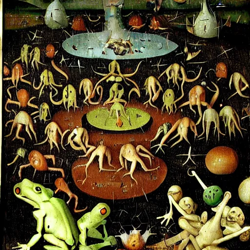 Image similar to a frog dunking over demons boiling a sinner in the garden of earthly delights, close up, hieronymus bosch