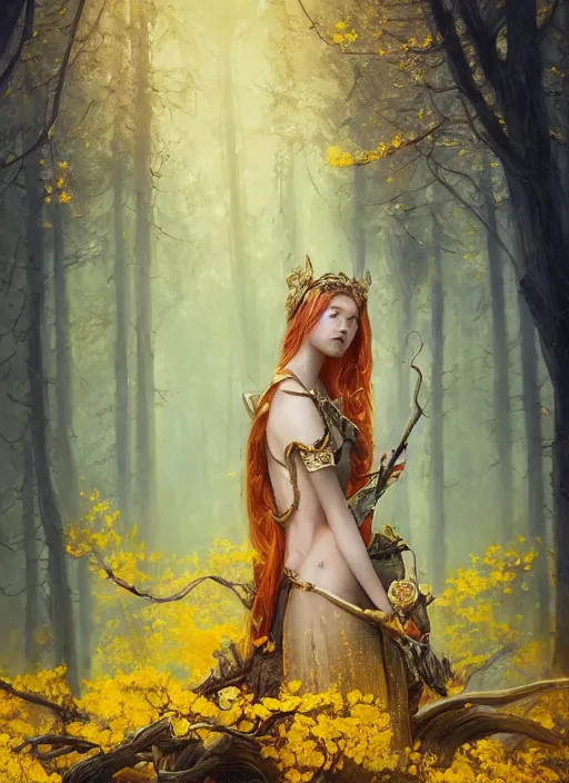 Prompt: intricate oil painting portrait by Anna Dittmann depicting a stunning female fantasy cleric in a bright temple surrounded by yellow spring forest and dead trees, evening, atmospheric lighting, intricate detail, cgsociety, hyperrealistic, octane render, RPG portrait, ambient light, dynamic lighting