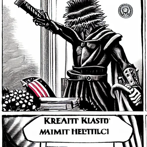 Image similar to president griffith from berserk by kentaro miura sitting at white house desk with american flag at his side