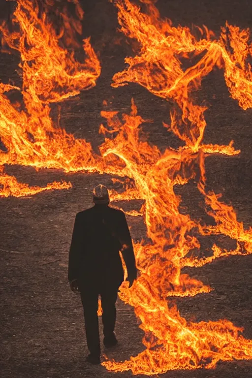 Prompt: A man walking through fire