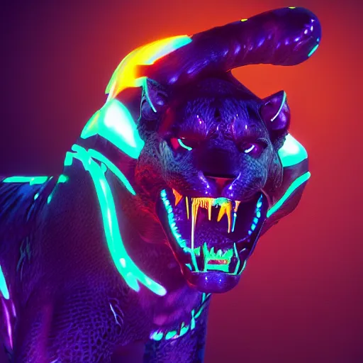 Image similar to portrait of a neon cyberpunk jaguar animal snarling, octane render