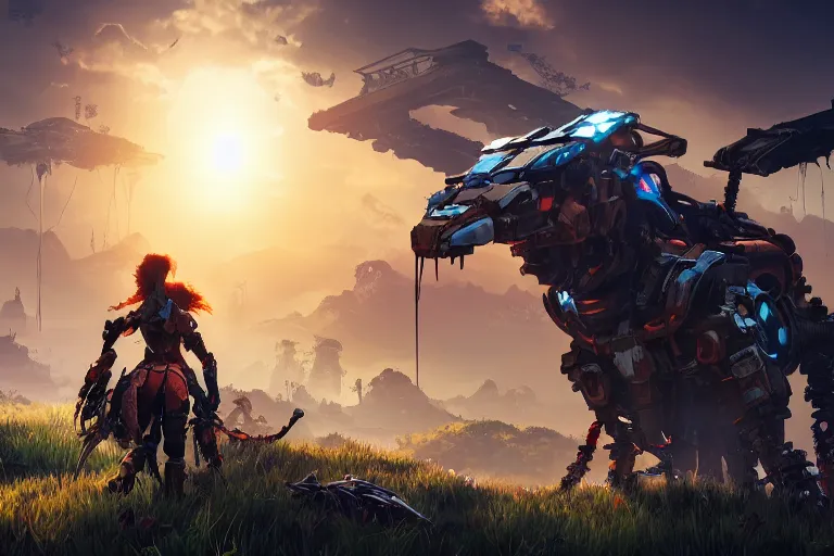 Image similar to scrapper machine mecanical creature robot of horizon forbidden west horizon zero dawn radiating a glowing aura global illumination ray tracing hdr fanart arstation by ian pesty and alena aenami artworks in 4 k