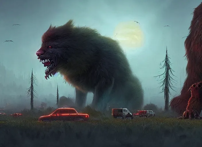 Image similar to giant monstrous aggressive furry creature lurking over a cowering smaller creature, in the foreground a small town, epic science fiction horror digital matte painting by Simon Stalenhag and Mark Brooks (and Greg Rutkowski), extremely detailed, artstation