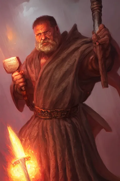 Prompt: strong man with draconic face features, wearing a simple robe, holding a war hammer, highly detailed, d & d, fantasy, highly detailed, digital painting, trending on artstation, concept art, sharp focus, illustration, global illumination, shaded, art by artgerm and greg rutkowski and fuji choko and viktoria gavrilenko and hoang lap