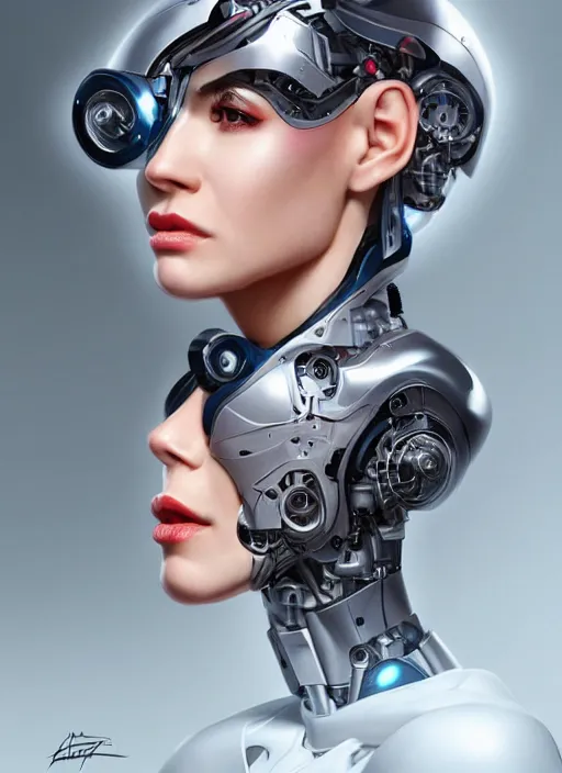 Prompt: portrait of a cyborg woman who turns her head to the ((((((right))))) left+160 (((((up))))) (((((down))))) by Artgerm,eyes closed , biomechanical, hyper detailled, trending on artstation