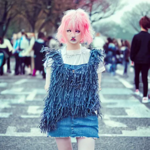 Image similar to a cute young woman with messy curly pastel hair, harajuku fashion, In the style of lya kushinov, Avetetsuya Studios