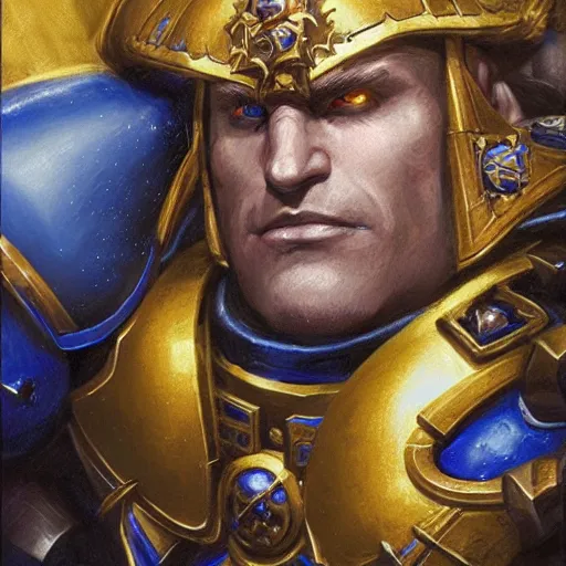 Image similar to Roboute Guilliman Primarch of the Ultramarines, closeup portrait art by Donato Giancola and James Gurney, digital art, trending on artstation