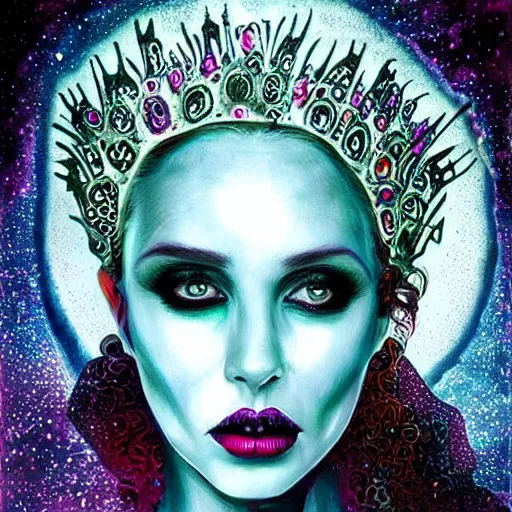 Image similar to queen vampire woman portrait made out of galaxies, beautiful, cyborg, tim burton comic book art, realistic, highly detailed