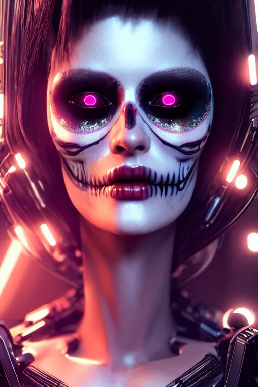 Prompt: beautiful android woman, crying eyes closed!, sharp, photorealistic cinematic, 3 d model, cyborg, postcyberpunk, blade runner, octane render, concept art, vogue, 8 k, intricate detailed environment el dia los muertos. terry oneill, artgerm, michael welan, giger