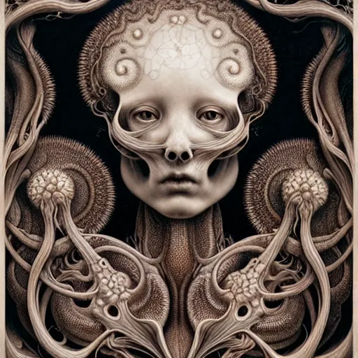 Image similar to detailed realistic beautiful porcelain calaveras portrait by jean delville, gustave dore, iris van herpen and marco mazzoni, art forms of nature by ernst haeckel, art nouveau, symbolist, visionary, gothic, neo - gothic, pre - raphaelite, fractal lace, intricate alien botanicals, ai biodiversity, surreality, hyperdetailed ultrasharp octane render