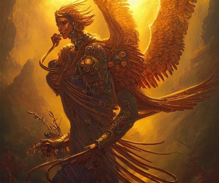 Prompt: a beautiful tarot card artwork of a cyberpunk seraphim in nature, backlit, highly detailed, golden hour, digital painting, by ina wong and justin gerard and dan mumford and artgerm, vivid colors, masterpiece, detailed shading, 8 k resolution, intricate, smooth