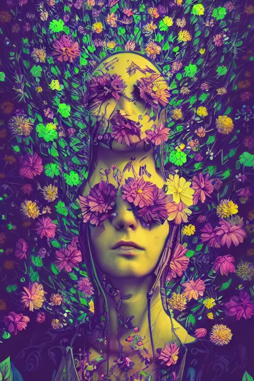 Image similar to night sky full of flowers, cyberpunk art, floating detailes, leaves b, kenneth blom, mental alchemy, pablo amaringo, naudline pierre, contemporary art, hyper detailed, photorealistic,