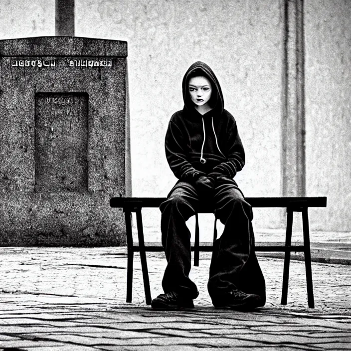 Image similar to sadie sink in hoodie sits on bench in ruined square, pedestrians walk by, old soviet monument. storyboard in the style of gabriel hardman. scifi cyberpunk. cinematic atmosphere, detailed and intricate, perfect anatomy