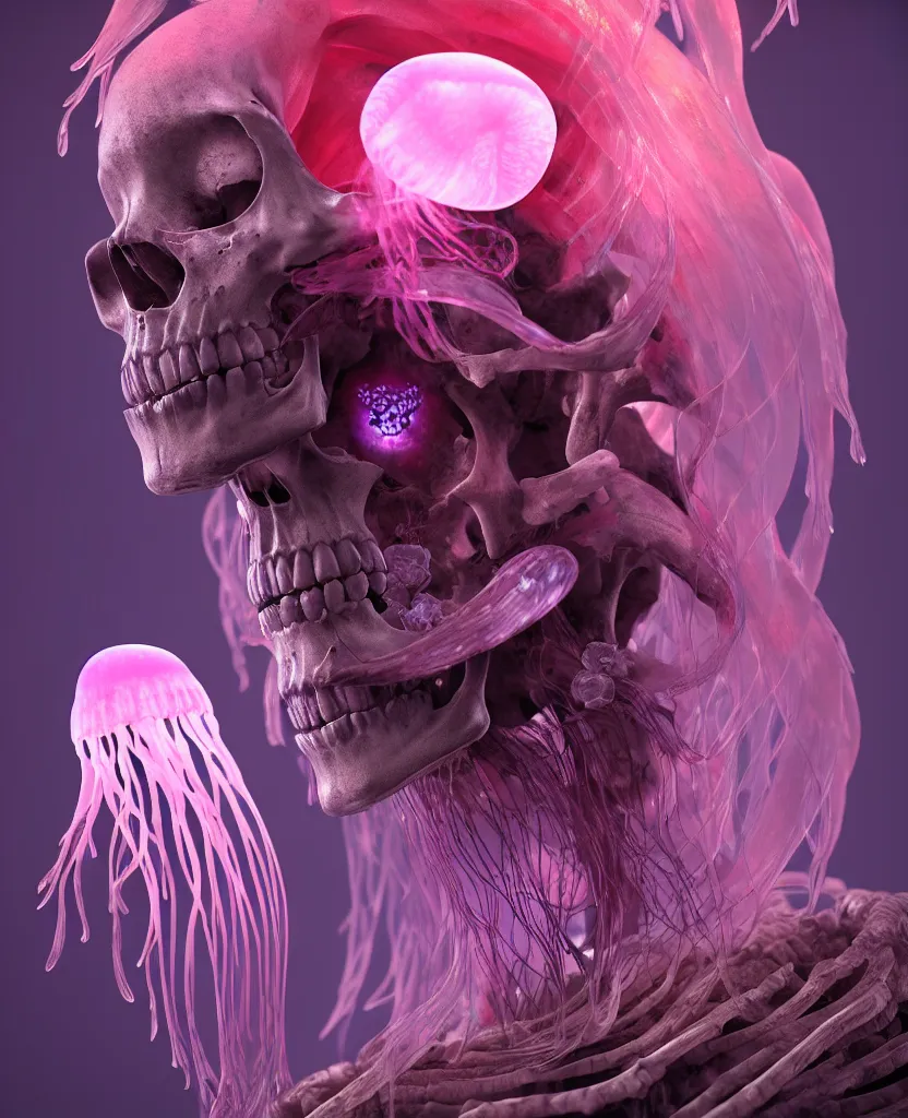 Image similar to goddess close-up portrait human skeleton, ram skull, jellyfish, orchid, betta fish, bioluminiscent, intricate artwork by Tooth Wu and wlop and beeple. octane render, trending on artstation, greg rutkowski very coherent symmetrical artwork. cinematic, hyper realism, high detail, octane render, 8k