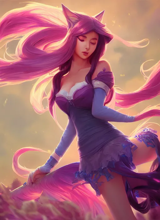 Image similar to ahri from league of legends, half body shot, path traced, highly detailed, high quality, digital painting, alena aenami, lilia alvarado, shinji aramaki, karol bak, alphonse mucha, tom bagshaw