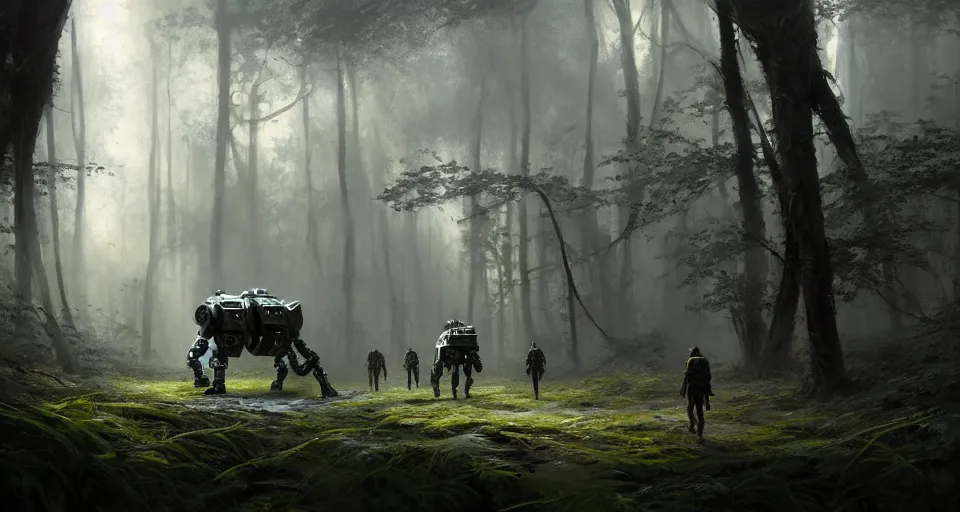 Image similar to hyper realistic sci - fi matte concept art painting of battlemech walking through a forest, beautiful details, strong composition painted by kim jung guweta studio rutkowski, james gurney and greg rutkowski, and lucasfilm, smooth, intricate, detailed, sharp focus, cinematic