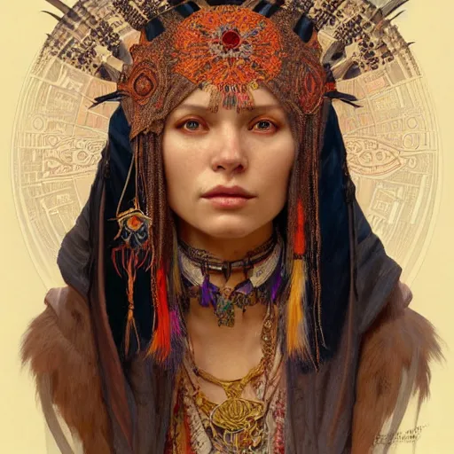 Image similar to a portrait of a female shaman, upper half portrait, decorated with russian motifs, russian shaman, siberia, traditional russia, intricate, elegant, highly detailed, symmetry, headpiece, digital painting, artstation concept art smooth sharp focus, illustration, art by artgerm and greg rutkowski alphonse mucha 8 k