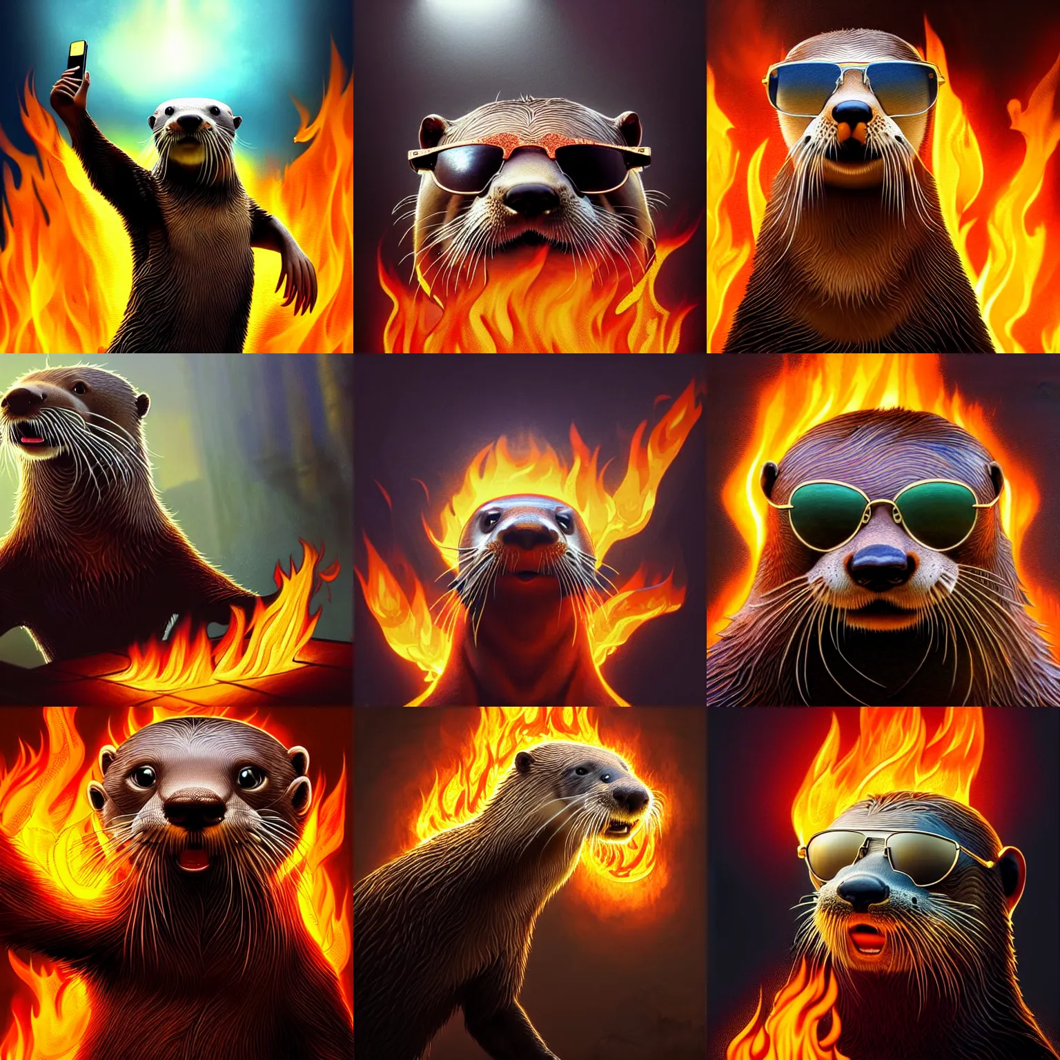 Prompt: selfie of an anthropomorphized otter wearing sunglasses surrounded by flames, fine detailed face, stunning 3 d render inspired art by greg rutkowski and xiang duan and thomas eakes, realistic, highly detailed attributes and atmosphere, dim volumetric cinematic lighting, 8 k octane detailed render, post - processing, masterpiece, vignette, soft focus, vibrant colors