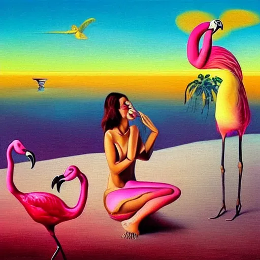 Image similar to A surreal oil painting of a puzzle containing a beautiful woman and Flamingos on a desert beach oasis by Salvador Dali, dark vibes, pastel lighting, high contrast, cinematic, depth of field