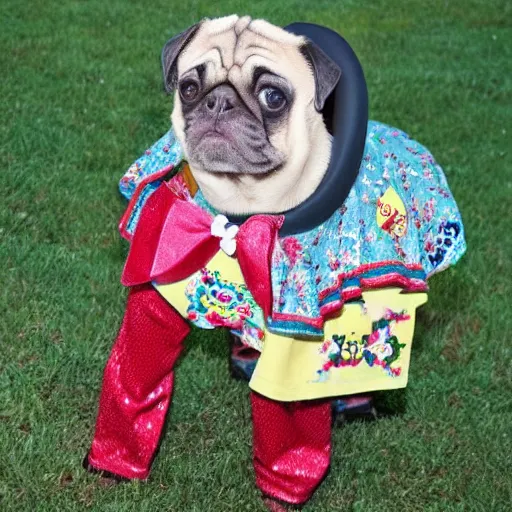 Prompt: pug dressed like dolly parton playing guitar