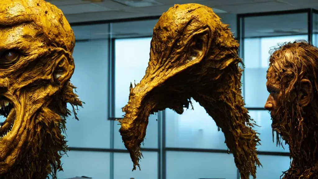 Prompt: the strange giant creature head in the office, made of oil and water, film still from the movie directed by Denis Villeneuve with art direction by Salvador Dalí