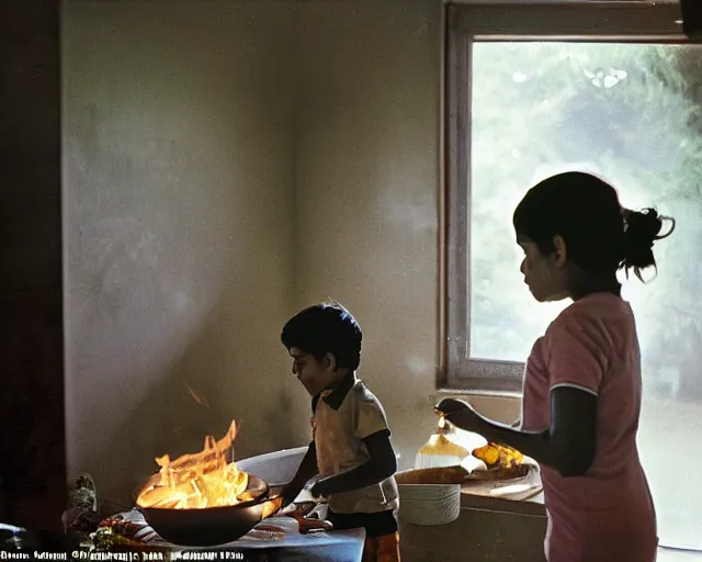 Prompt: A beautiful symmetrical anatomically correct photograph of a mother cooking food in her Indian suburban home, two kids playing outside are visible from the window. Shot by Gregory Crewdson on a large format film camera, 8K