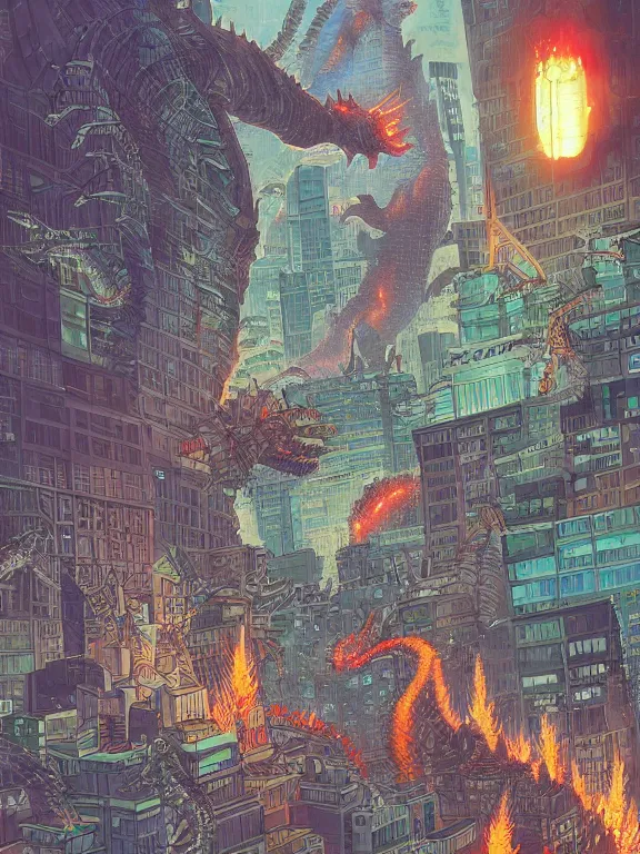 Image similar to a digital art of a Godzilla destroy the cyber city,by Chris Ware,Jane Newland,peter,gric,Peter Mohrbacher,aaron horkey trending on artstation,maximalist,full of color,glittering