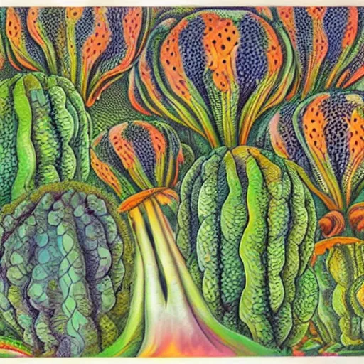 Prompt: a psychedelic botanical garden, mushrooms, peyote cactus, san pedro cactus, MC Escher, Alex Grey