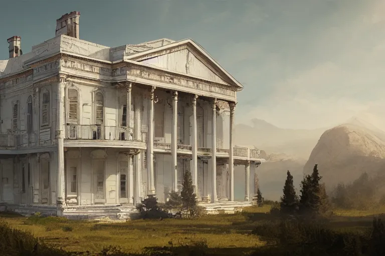 Image similar to greek revival mansion, highly detailed, digital painting, artstation, concept art, sharp focus, illustration, art by raphael lacoste and greg rutkowski