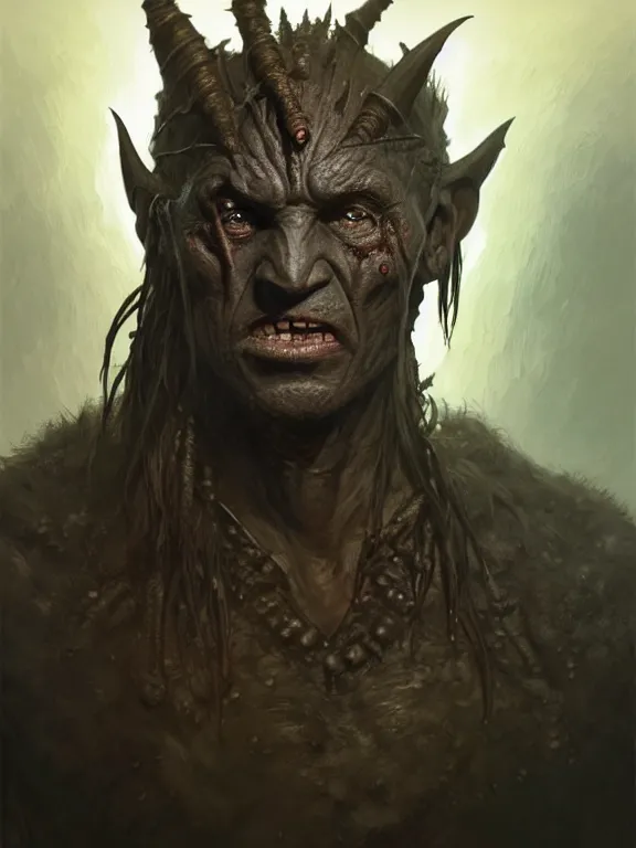 Image similar to portrait of sean penn as a black cavern orc, looking at camera, d & d, savage warrior, scale attire, aztec hair, large noses, intricate, fantasy, extremely detailed, digital painting, artstation, concept art, smooth, sharp focus, illustration, ambient lighting, art by artgerm and greg rutkowski and alphonse mucha and simon stalenhag