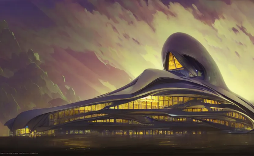 Image similar to exterior shot of utopian architecture building with cinematic lighting by zaha hadid and renzo piano, darek zabrocki and greg ruthkowski, alphonse mucha, simon stalenhag, cinematic, stars, beautiful, holy place, paradise, scifi, futurism, atmospheric, sunset, concept art, artstation, trending on artstation