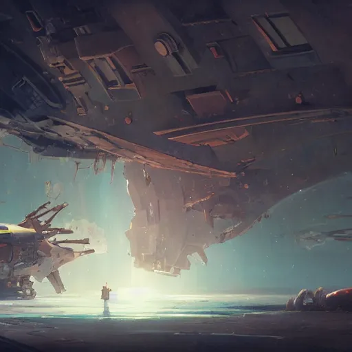 Prompt: a wholesome animation key shot of the wreckage of a spaceship, medium shot, studio Ghibli, Pixar and Disney animation, sharp, very detailed, high resolution, inspired by Hayao Miyazaki, anime key art by Greg Rutkowski, Bloom, dramatic lighting