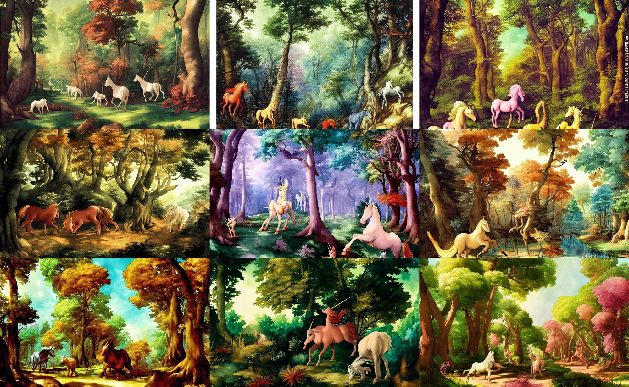 Prompt: magic forest with unicorns, colorful watercolor. by rembrant, battle angel alita, ralph mcquarrie, aluminum, 1 6 6 7