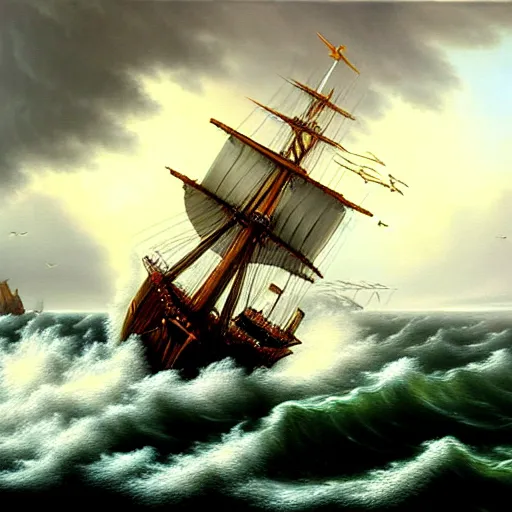 Prompt: a photo realistic oil painting of a galleon caught in a storm with high waves and lightning