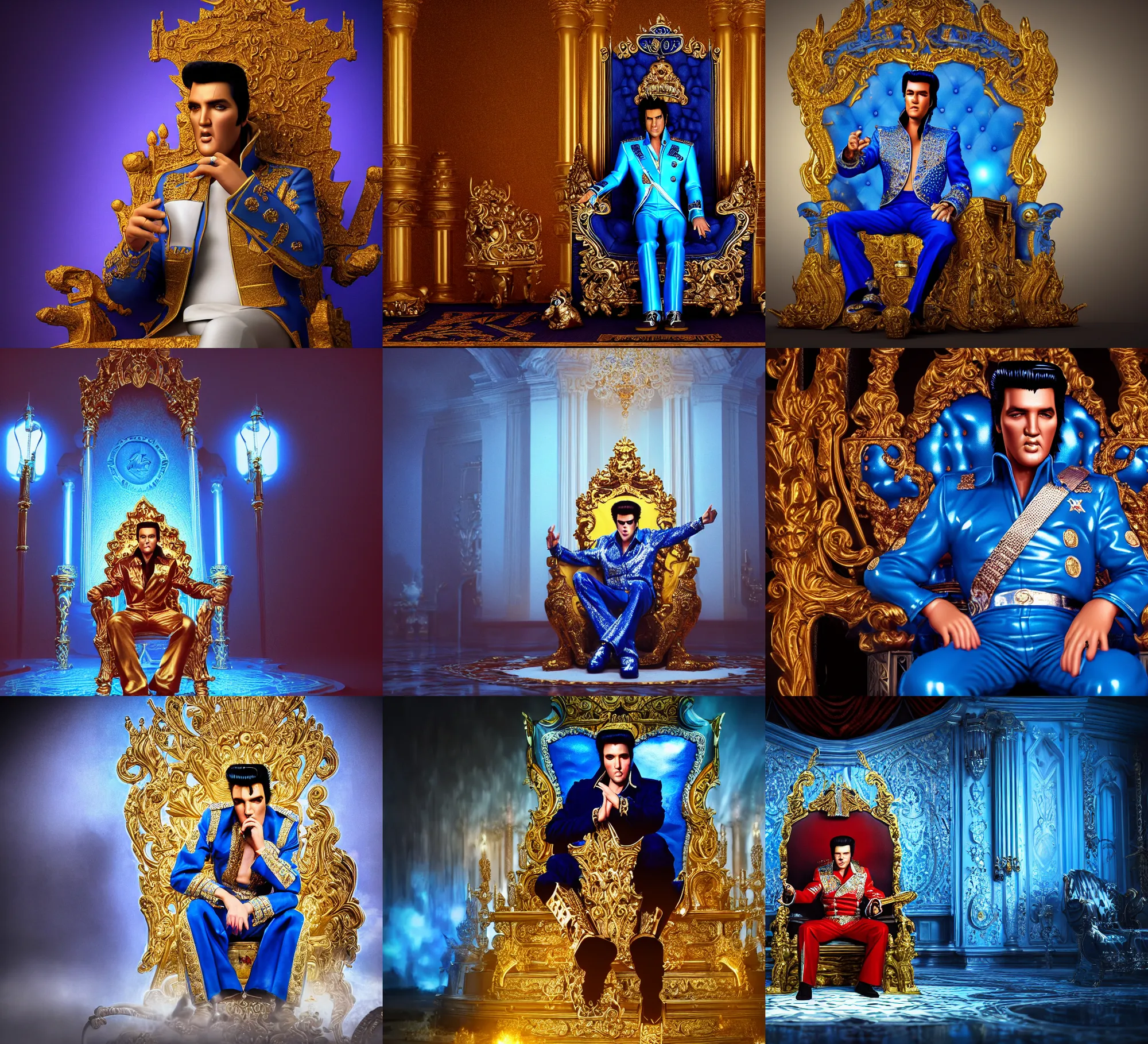 Prompt: detailed, color film of elvis sitting on his throne in his castle, atmospheric lighting, in focus, blue reflective eyes, 3 5 mm macro lens, live action, nice composition, hyper real, photorealistic, octane render, artstation