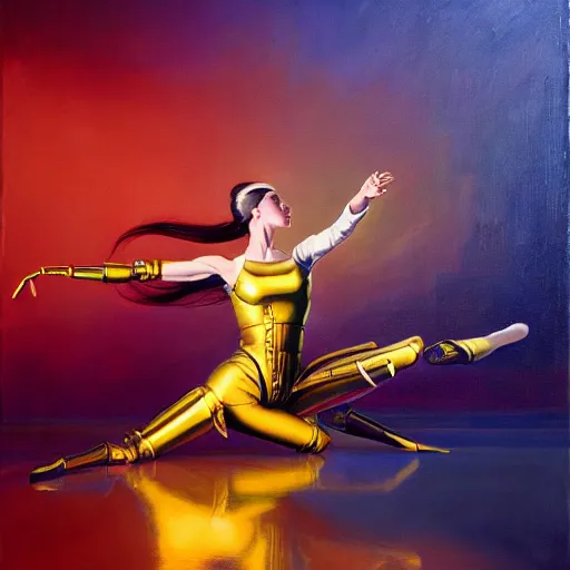 Image similar to synthetic cyborg dancing ballet, beautiful colour palette, oil paint on canvas, sharp textures, biotechnology, nikolay georgiev, alex ross, bruce pennington, donato giancola, larry elmore, masterpiece, trending on artstation, featured on pixiv, cinematic composition, sharp, details, hyper - detailed, hd, hdr, 4 k, 8 k