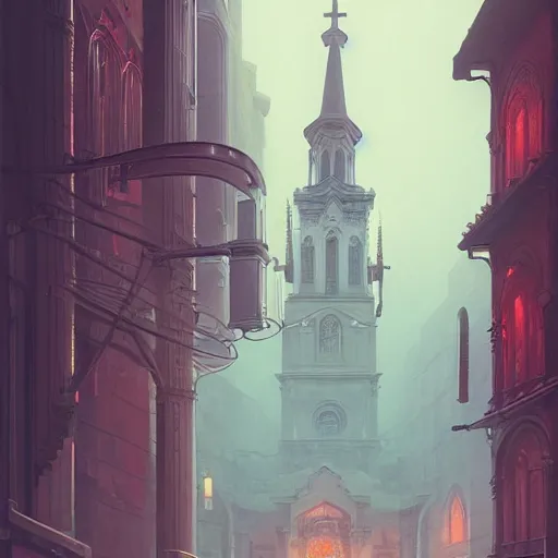 Prompt: movie scene of a church, lviv, a very misty day, a neon sign, by ian mcque ferdinand knab, makoto shinkai and lois van baarle, artgerm, pixar, ilya kuvshinov,, tom bagshaw, global illumination