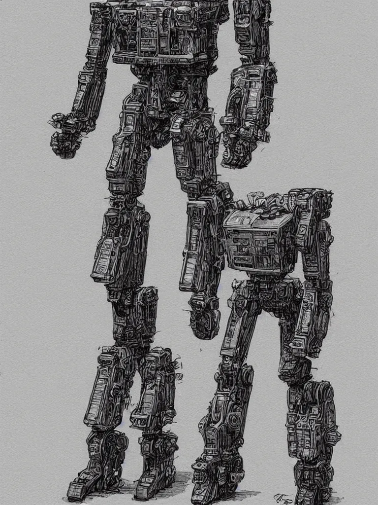 Prompt: bipedal mech inspired by a coffee maker, by jean giraud