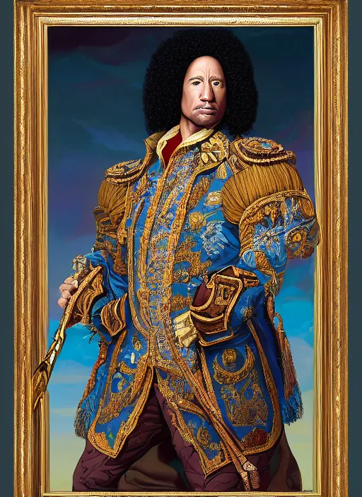 Image similar to beautiful oil painting, portrait of Dwayne the rock Johnson as Louis xiv in coronation robes 1701, Dan Mumford, dan Mumford, Dan Mumford, Alex grey, Alex grey, lsd visuals, dmt fractal patterns, entheogen, psychedelic, hallucinogen, highly detailed, ornate
