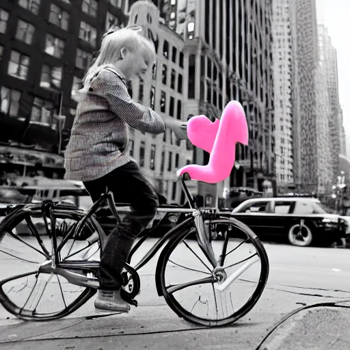 Prompt: flamingo riding a bicycle in New York City realistic photo, 50mm lens